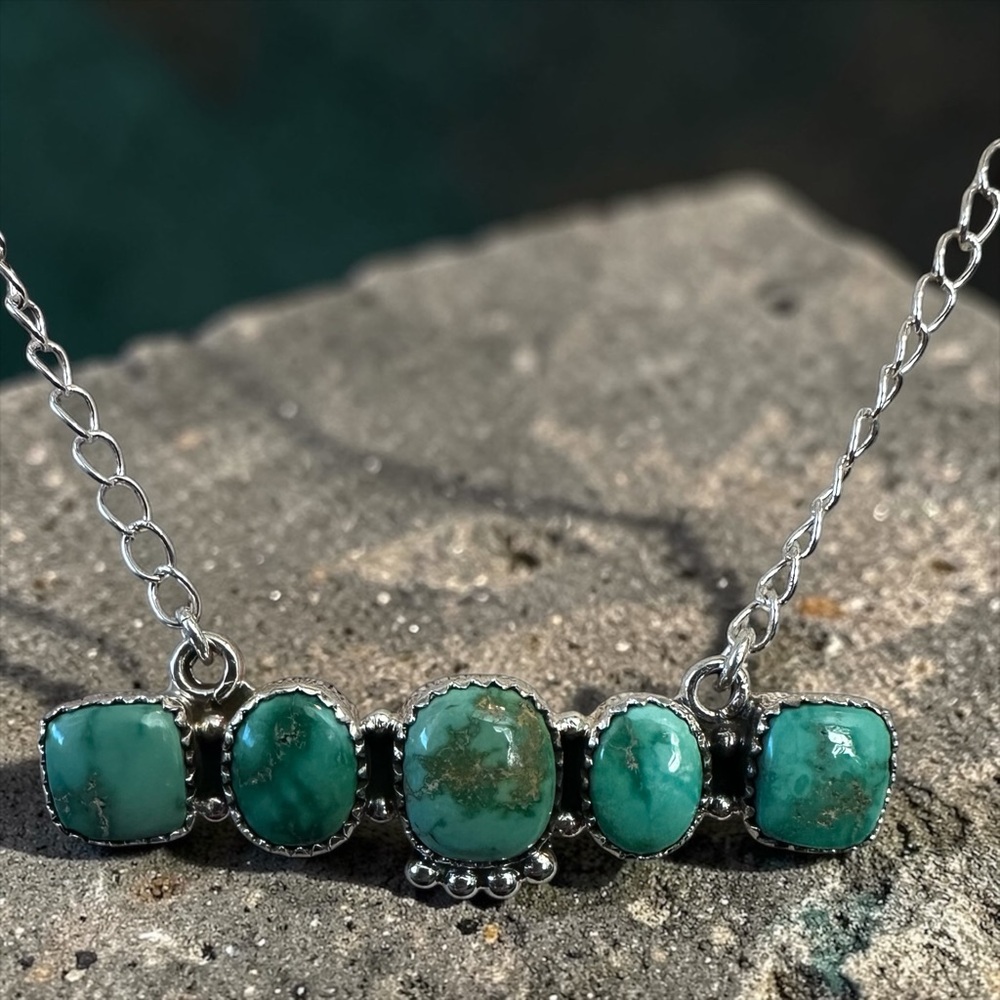 Hand Crafted Turquoise Gemstone Bar Necklace - Silver - Picture 6 of 13